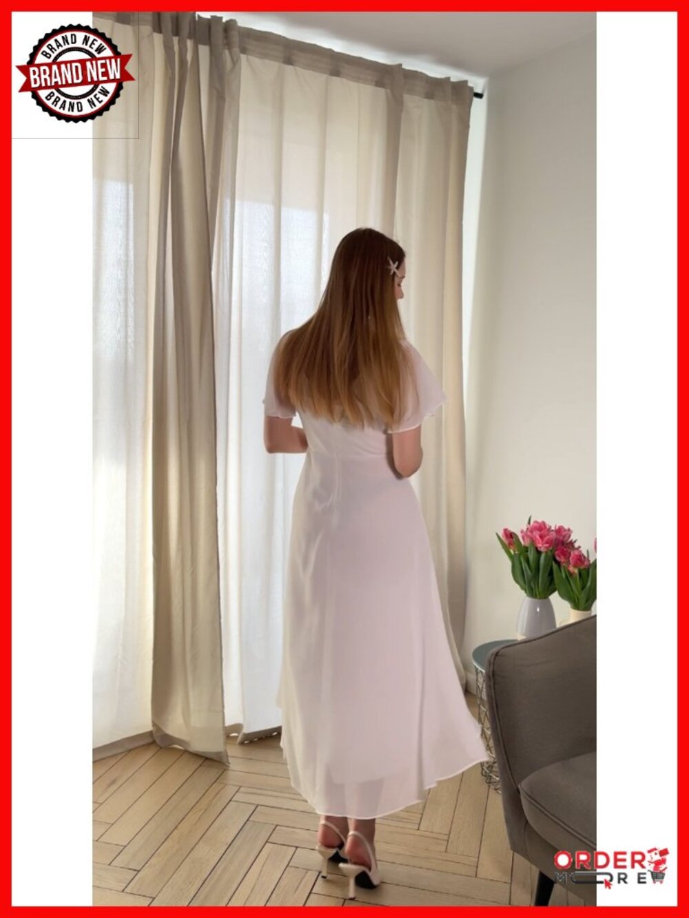 Elegant Chiffon V-Neck Flowy Midi Cocktail Dress - Picture 6 of 6